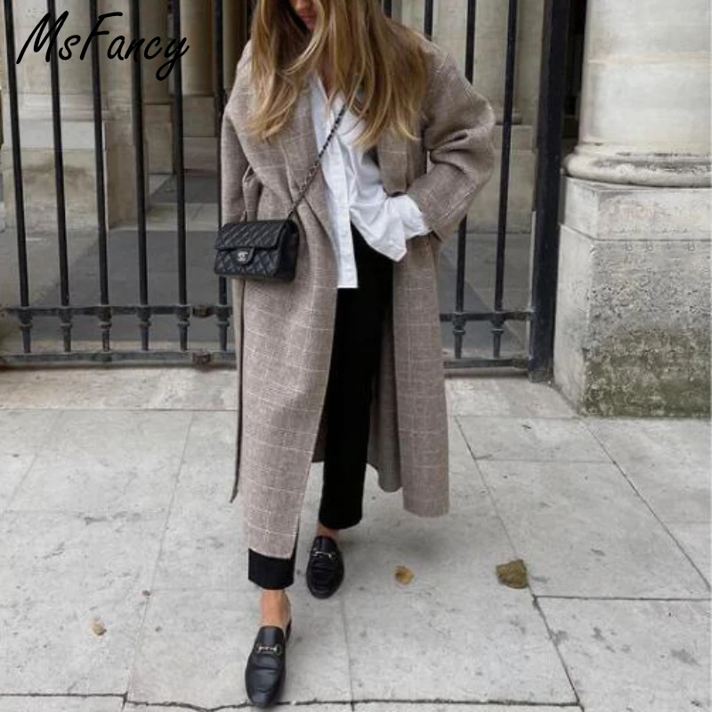 Msfancy Plaid Wool Blends Long Coat Women Korean Fashion Tunic Lace Up Outwear 2021 Femme Longue Veste 
Msfancy Plaid Wool Blends Long Coat Women Korean Fashion Tunic Lace Up Outwear 2021 Femme Longue Veste