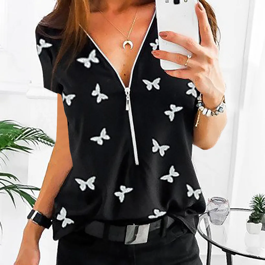 Women Tops T-Shirts Autumn Elegant Short Sleeve Print V-Neck Female Work Zipper Shirts Plus Size Tops 5XL Mujer Blusa clothes
Women Tops T-Shirts Autumn Elegant Short Sleeve Print V-Neck Female Work Zipper Shirts Plus Size Tops 5XL Mujer Blusa clothes