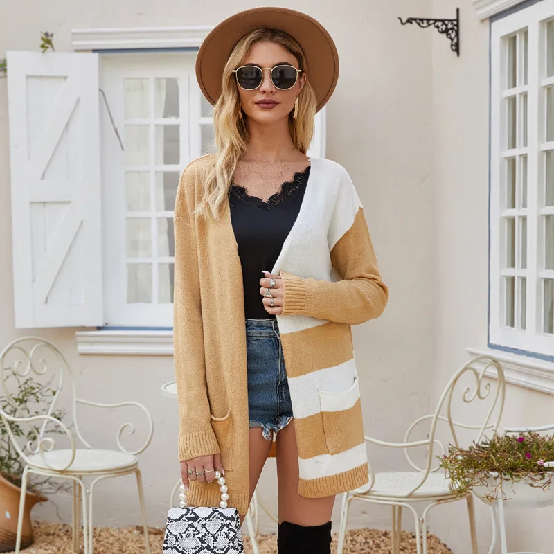 2020 striped contrast color mid-length knitted cardigan long-sleeved loose sweater coat winter clothes women