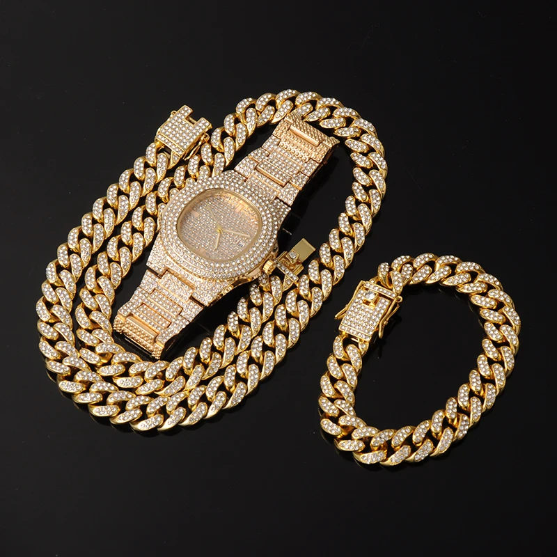 Комплект часов D & Z с кубинской цепочкой ожерелье часы и браслет в стиле хип хоп