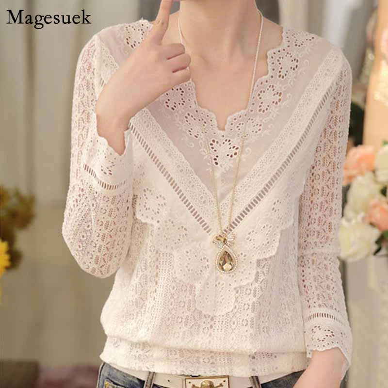 Long Sleeve V-Neck Slim Lace White Shirt Women 2021 New Floral Tops For Women Fashion Korean Elegant Blouses Women Casual 63C 30
Long Sleeve V-Neck Slim Lace White Shirt Women 2021 New Floral Tops For Women Fashion Korean Elegant Blouses Women Casual 63C 30