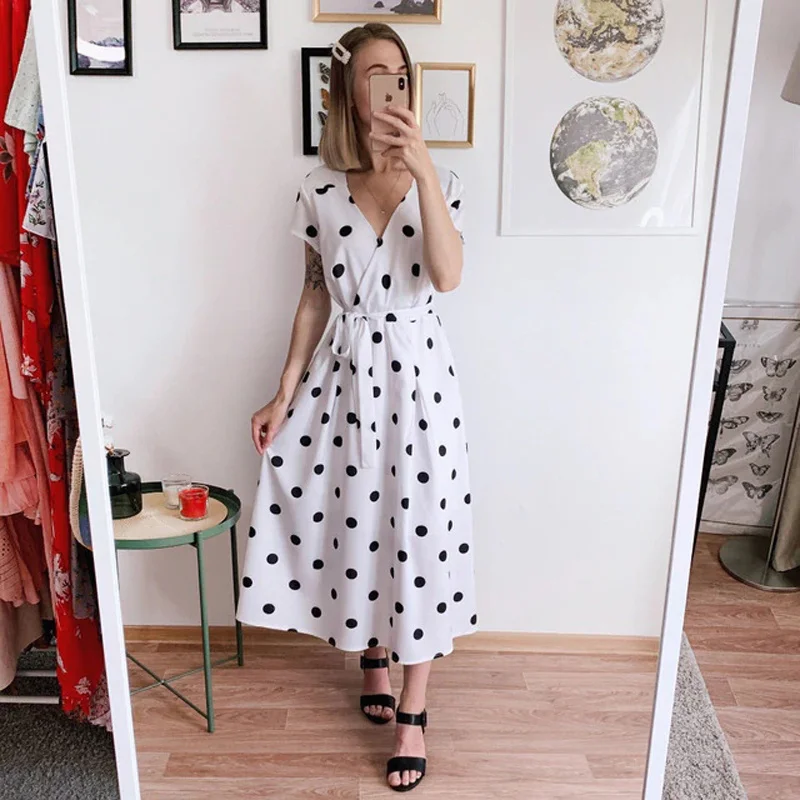 Summer Women Long Dress Short Sleeve Dresses Casual Polka Dot Print Party Sexy V-neck Fashion Woman Clothes dresses for women
Summer Women Long Dress Short Sleeve Dresses Casual Polka Dot Print Party Sexy V-neck Fashion Woman Clothes dresses for women