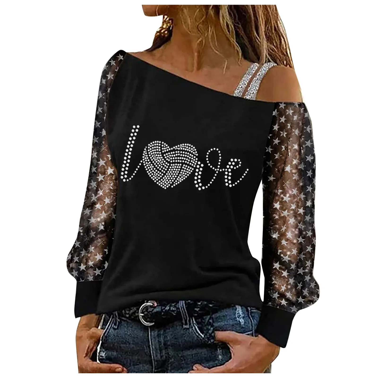 Women Love Blouse Korean Sexy Long Sleeve Tops Rhinestine Net Yarn Sequin Off Shoulder Spring Casual Wear Strap Shirt Blouse
Women Love Blouse Korean Sexy Long Sleeve Tops Rhinestine Net Yarn Sequin Off Shoulder Spring Casual Wear Strap Shirt Blouse