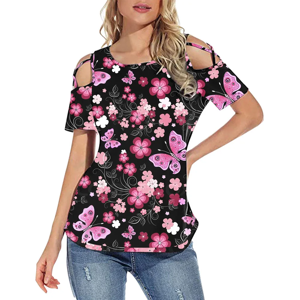 Women's non-positioning printed round neck short-sleeved off-the-shoulder top T-shirt Cold Shoulder Hollow out Sleeve Floral Top
Women's non-positioning printed round neck short-sleeved off-the-shoulder top T-shirt Cold Shoulder Hollow out Sleeve Floral Top