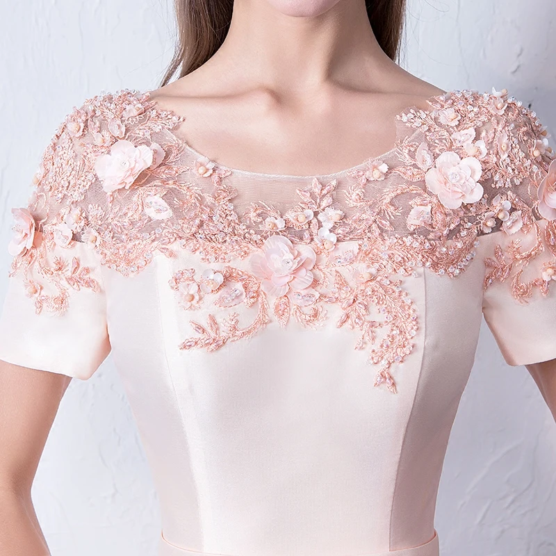 Women Evening Dresses Pink Long Elegant O-neck A-line Satin Formal Gowns With Short Sleeve Flower Appliques Backless Prom Dress
Women Evening Dresses Pink Long Elegant O-neck A-line Satin Formal Gowns With Short Sleeve Flower Appliques Backless Prom Dress