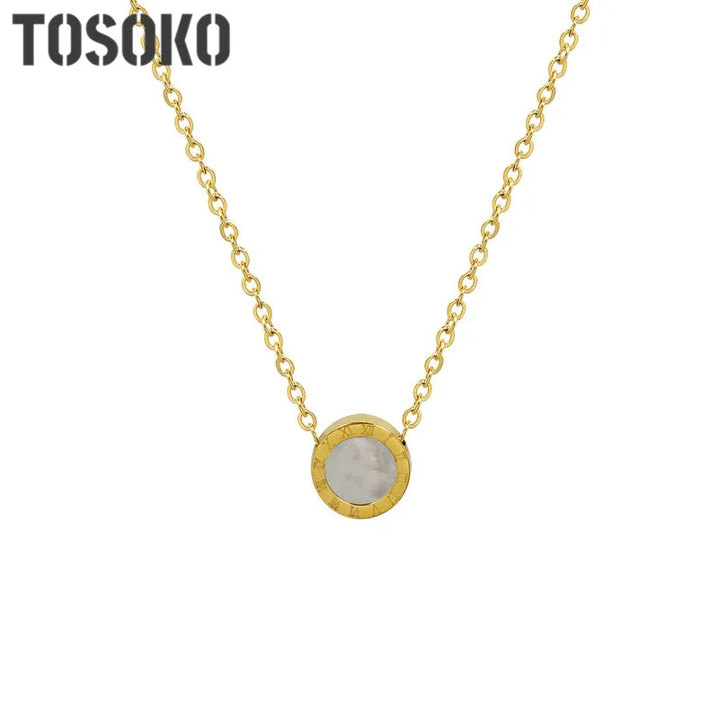 

TOSOKO Stainless Steel Jewelry Digital Black And White Shell Necklace Round Simple Female Fashion Clavicle Chain BSP128