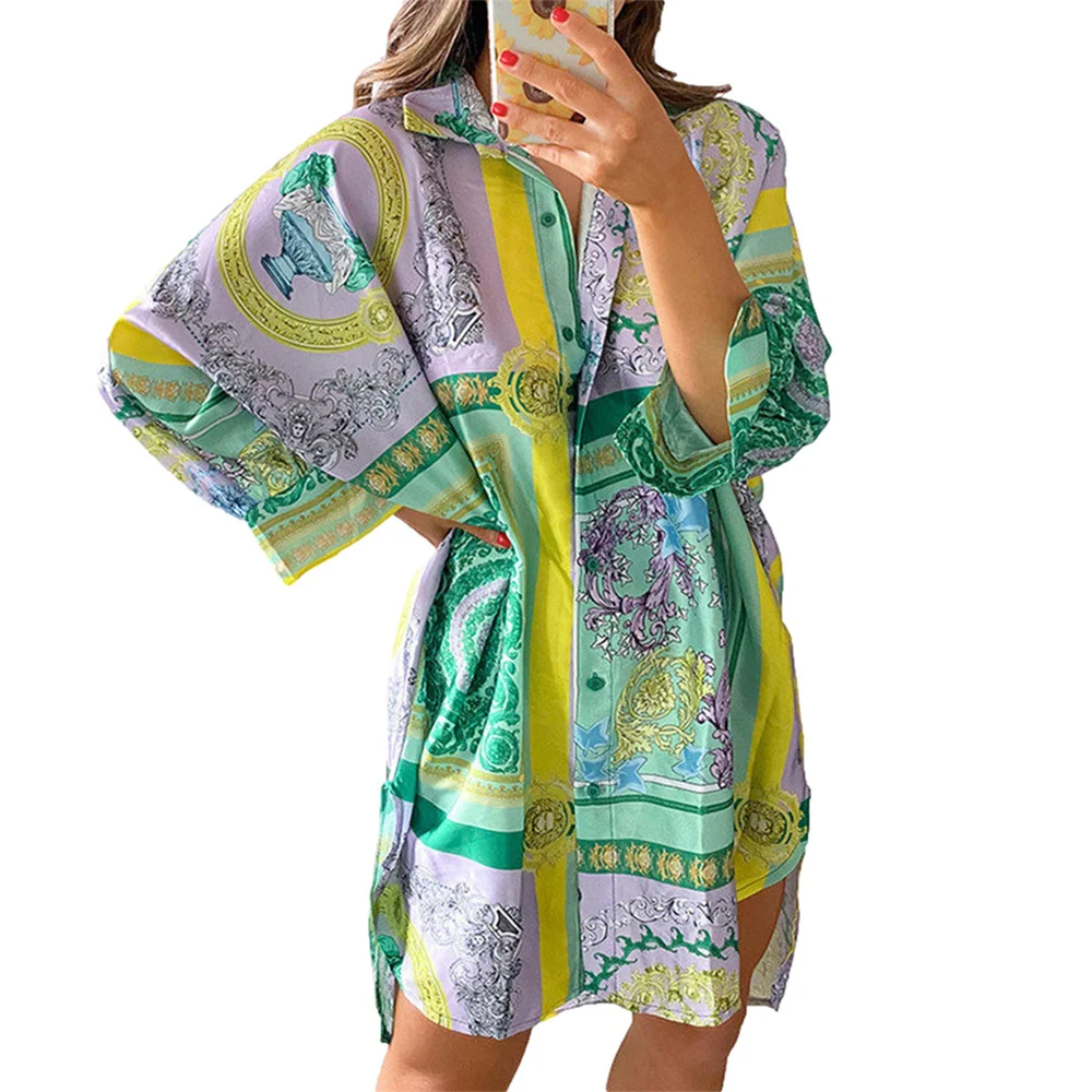 Printing Women's Shirt Dress fall 2021 New Casual Loose Long Sleeve mini Dress Vintage Single-breasted Lapel short Dress
Printing Women's Shirt Dress fall 2021 New Casual Loose Long Sleeve mini Dress Vintage Single-breasted Lapel short Dress