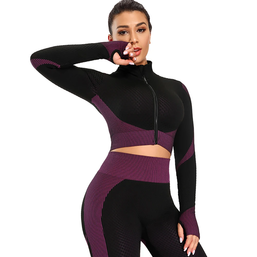 Seamless sports yoga wear suit with short umbilical zipper running breathable sports long-sleeved hip-lifting elastic suit