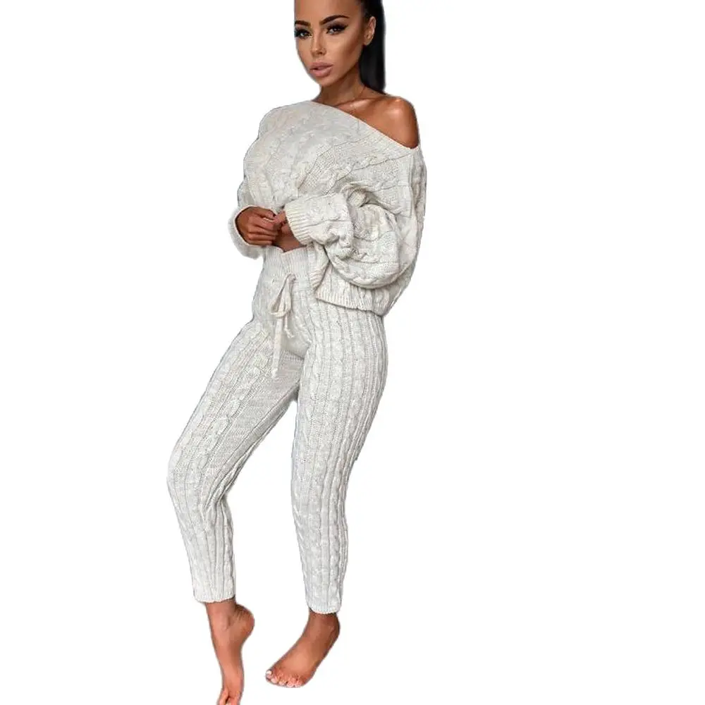 Winter Tracksuit Women Knitted Long Sleeve Two Piece Set One Shoulder Sweater And Drawstring Pants Female Suit Fashion Outwear
Winter Tracksuit Women Knitted Long Sleeve Two Piece Set One Shoulder Sweater And Drawstring Pants Female Suit Fashion Outwear
