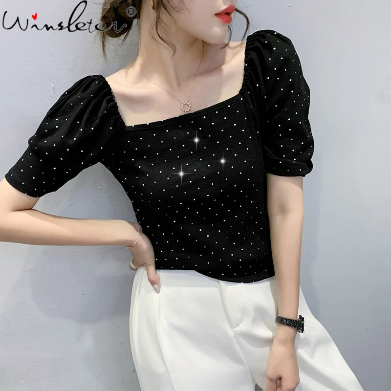 Summer Korean Clothes T-Shirt Girl Fashion Sexy Skew Collar Shiny Diamonds Women Tops Puff Sleeve Casual Tees New 2021 T14211A
Summer Korean Clothes T-Shirt Girl Fashion Sexy Skew Collar Shiny Diamonds Women Tops Puff Sleeve Casual Tees New 2021 T14211A