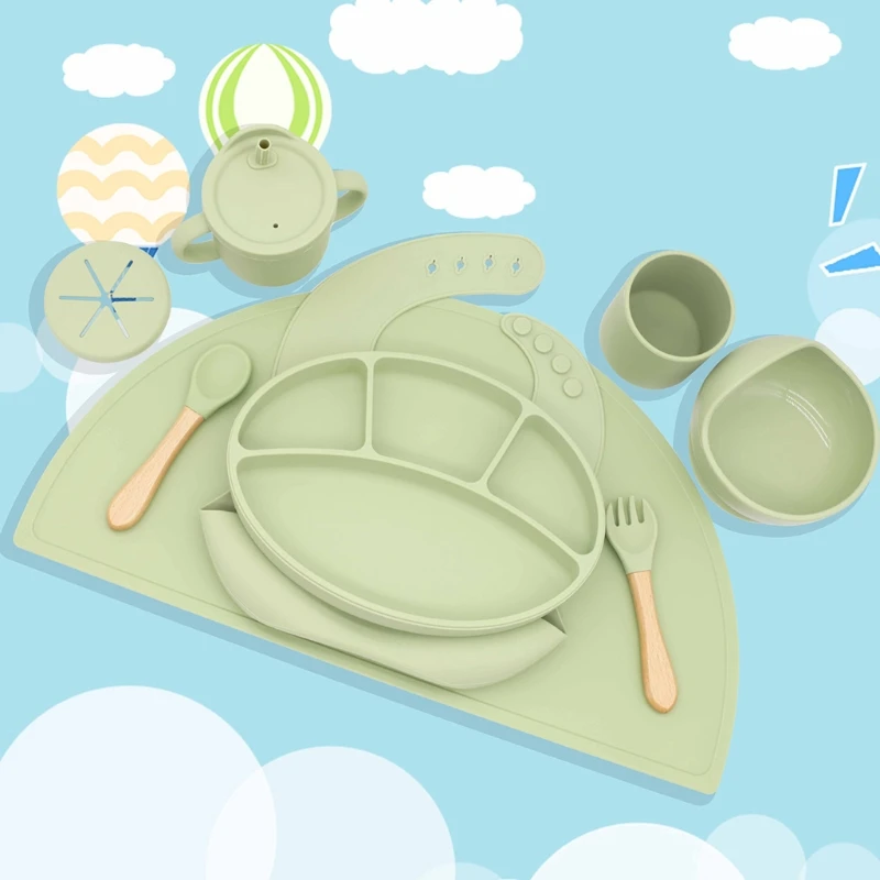 

Набор детских блюд 8 шт./компл., милая посуда из пищевого силикона без БФА, многоцветная Тарелка на присоске, тренировочная соломенная чашка