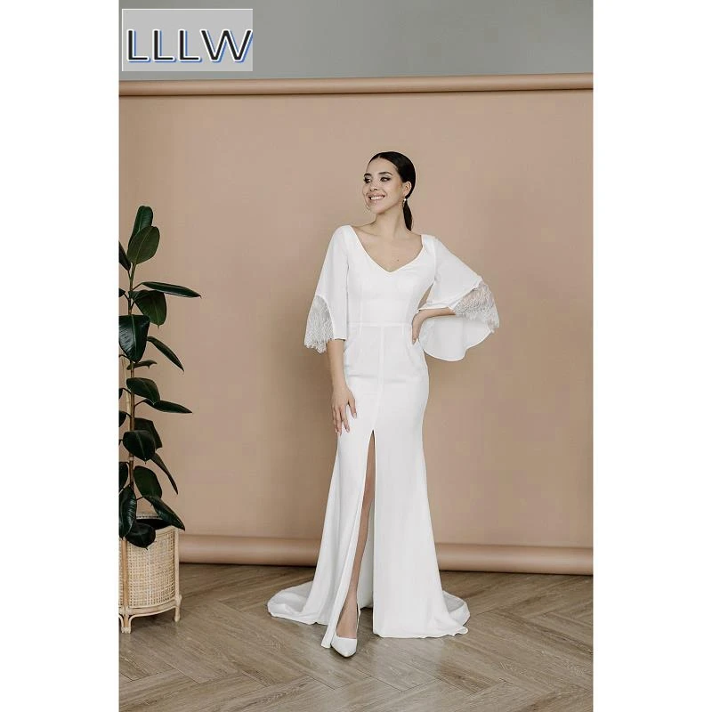 Ivory Lace Satin Chiffon Half Sleeves Mermaid/Trumpet Wedding Dresses Chapel Train Custom Made V-Neck Bridal Gowns
Ivory Lace Satin Chiffon Half Sleeves Mermaid/Trumpet Wedding Dresses Chapel Train Custom Made V-Neck Bridal Gowns