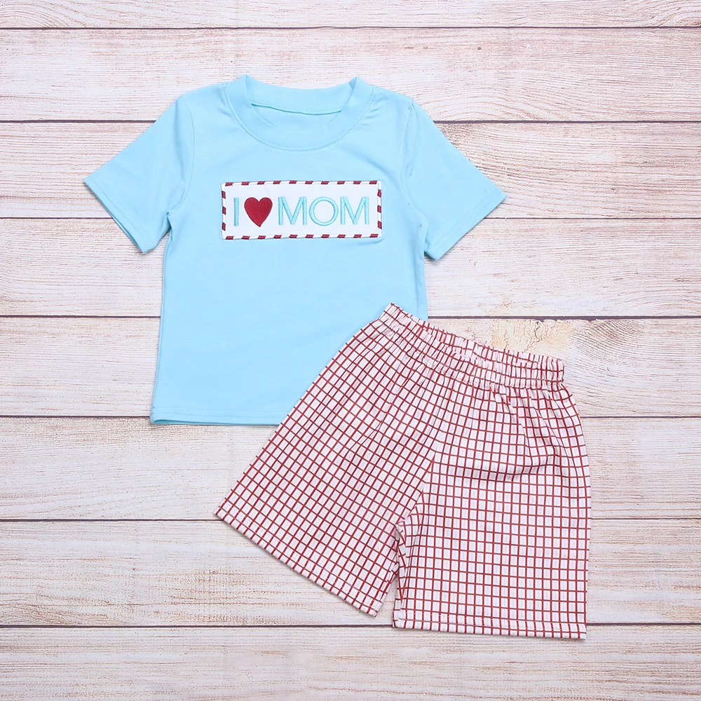 

Летняя одежда, синий топ с коротким рукавом и красные клетчатые шорты I Love Mom, одежда с вышивкой и узором для мальчиков