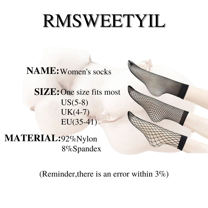 RMSWEETYIL 3Pairs Black Lace Fishnet Socks For Women Sexy Sheer Mesh Nylon Hollow Out Net Ladies Casual Dress Summer Ankle Sock 
RMSWEETYIL 3Pairs Black Lace Fishnet Socks For Women Sexy Sheer Mesh Nylon Hollow Out Net Ladies Casual Dress Summer Ankle Sock