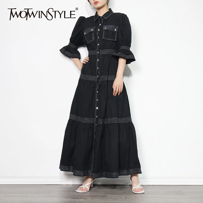 TWOTWINSTYLE Black Double Pocket Long Dress For Women Lapel Bell Sleeve High Waist Patch Button Casual Dress Female Fashion New
TWOTWINSTYLE Black Double Pocket Long Dress For Women Lapel Bell Sleeve High Waist Patch Button Casual Dress Female Fashion New