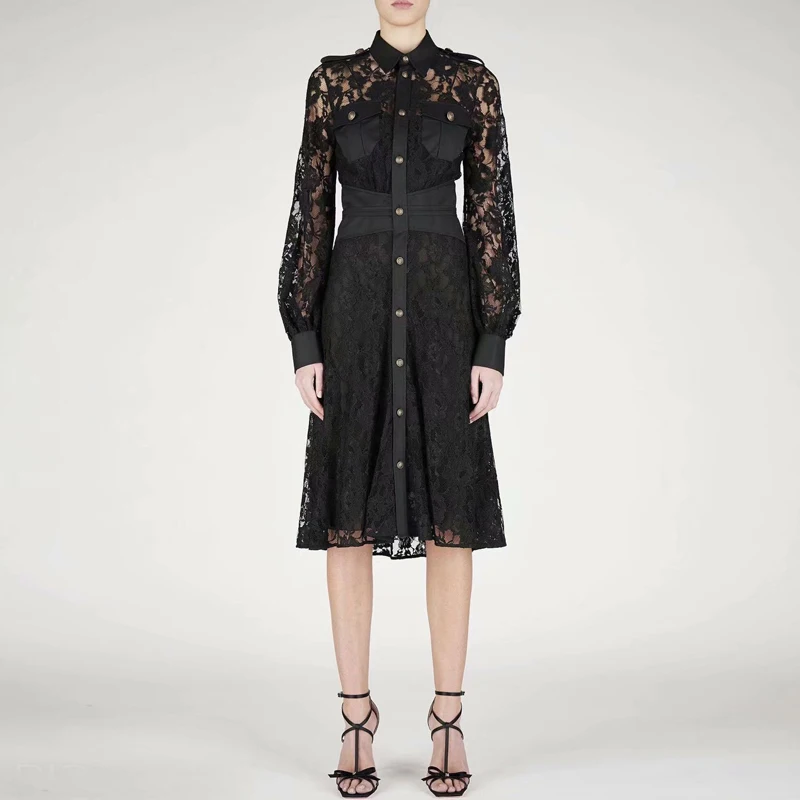 Designer New Spring Autumn Women'S High Quality Long Sleeve Vintage Elegant Party Fashion Lace Hollow Single Breasted Midi Dress
Designer New Spring Autumn Women'S High Quality Long Sleeve Vintage Elegant Party Fashion Lace Hollow Single Breasted Midi Dress