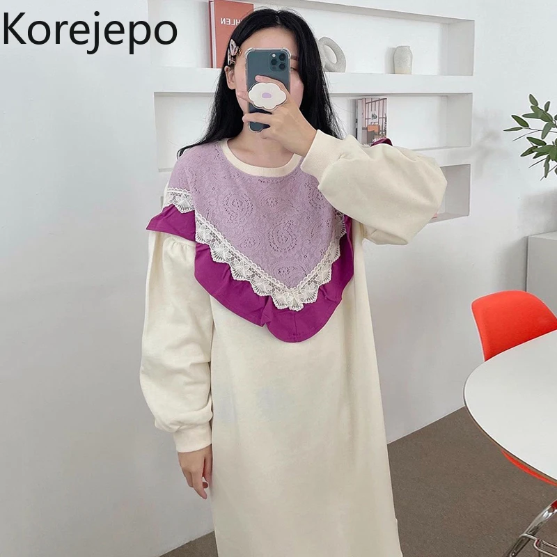 Korejepo Korean Chic Sweatshirts Dress Autumn Winter 2021 Temperament O-Neck Fungus Edge Lace Contrast Color Loose Plush Dresses 
Korejepo Korean Chic Sweatshirts Dress Autumn Winter 2021 Temperament O-Neck Fungus Edge Lace Contrast Color Loose Plush Dresses
