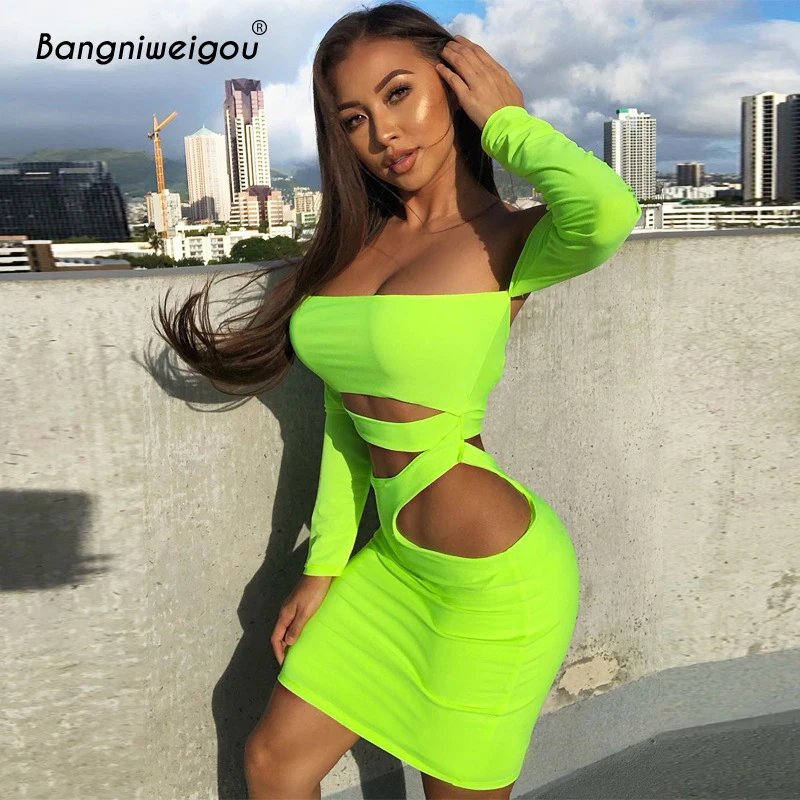 Bangniweigou Off Shoulder Sexy Hollow Out Bandage Dress Women Backless Long Sleeve Club Neon Green Party Festival Mini Dress 
Bangniweigou Off Shoulder Sexy Hollow Out Bandage Dress Women Backless Long Sleeve Club Neon Green Party Festival Mini Dress