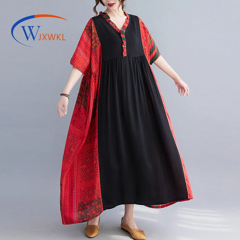 WJXWKL 2021 Printed Stitching Large Size Women's Batwing Sleeve Tree Fungus-like Lacework V-neck Long A- Line Large Hem Dress
WJXWKL 2021 Printed Stitching Large Size Women's Batwing Sleeve Tree Fungus-like Lacework V-neck Long A- Line Large Hem Dress