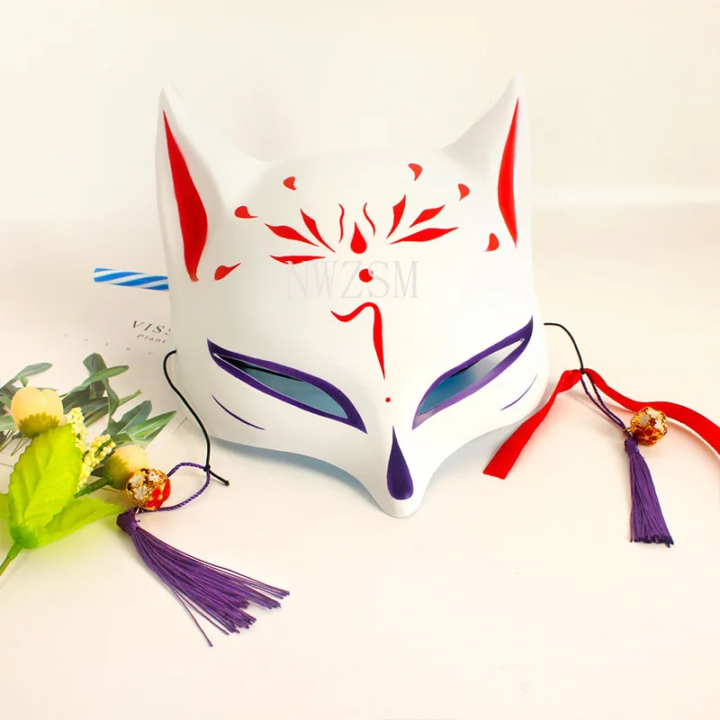 

Fox Mask Party Half Face Japanese Hand-Painted Cos Masks With Tassels Masquerade Festival Ball Kabuki Kitsune Masks Cosplay Prop