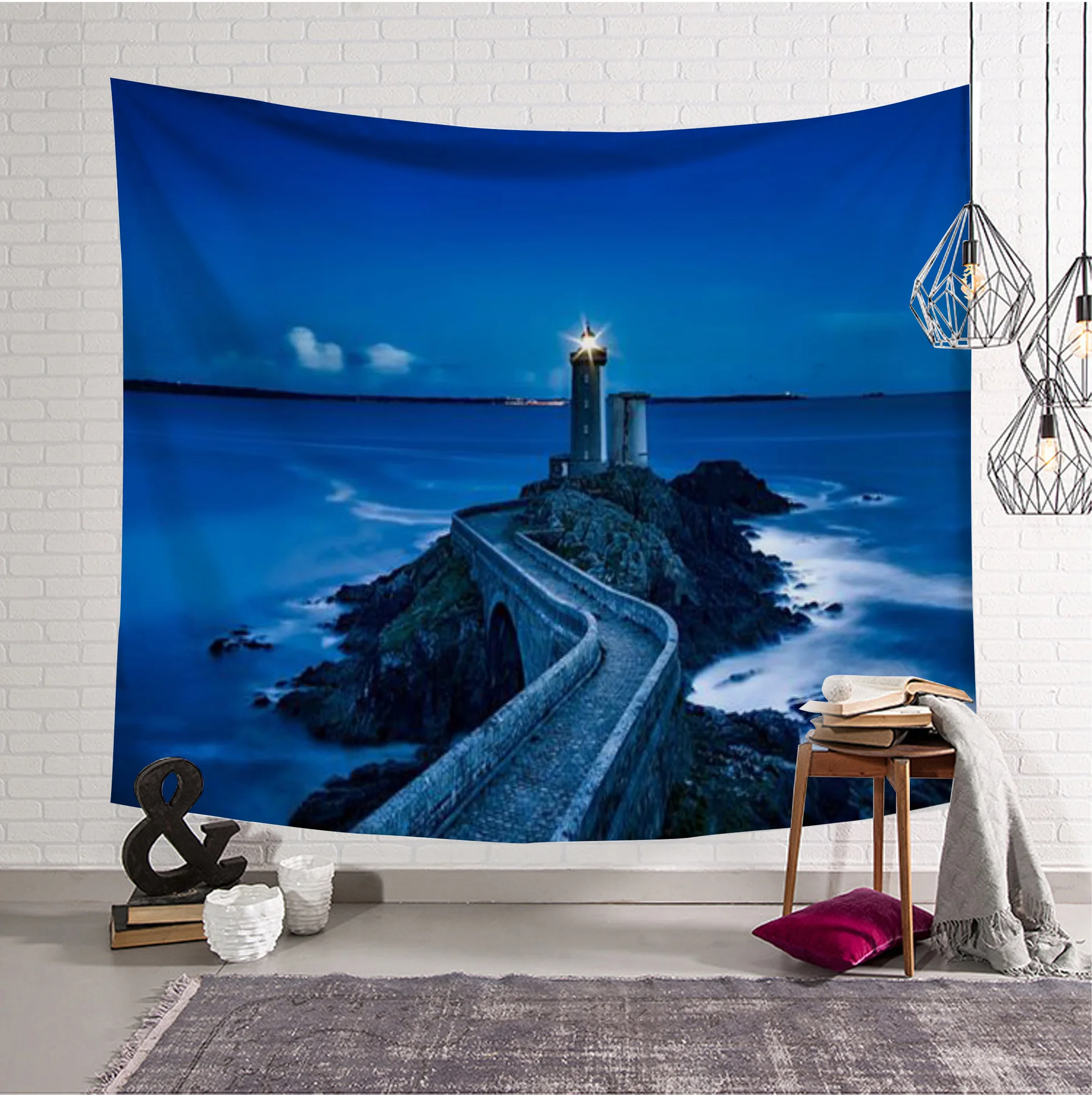

Seaside Blue Star Lighthouse Tapestry Sunset Wall Hanging Room Sea Carpet Dorm Tapestries Art Home Decoration Accessories