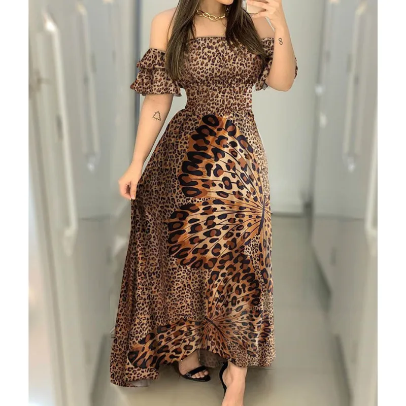 

Off Shoulder Party Dresses Women Lady Ruffle Leopard Print Flare Long Sundress Sexy Ladies Strappy Slash neck Vestido