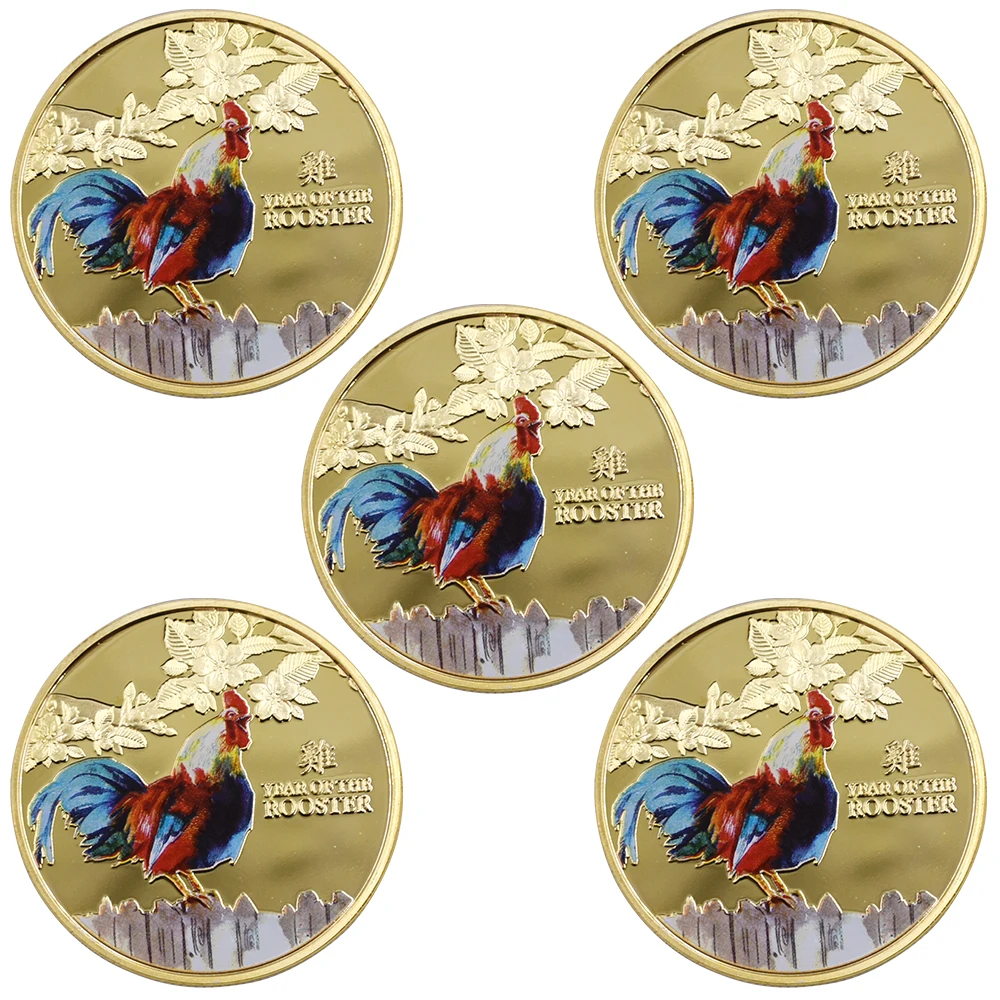 

5pcs 24k Pure Gold Plated Metal Coin Collectible Rooster Challenge Coins Color Souvenir Coins Family Gift Crafts