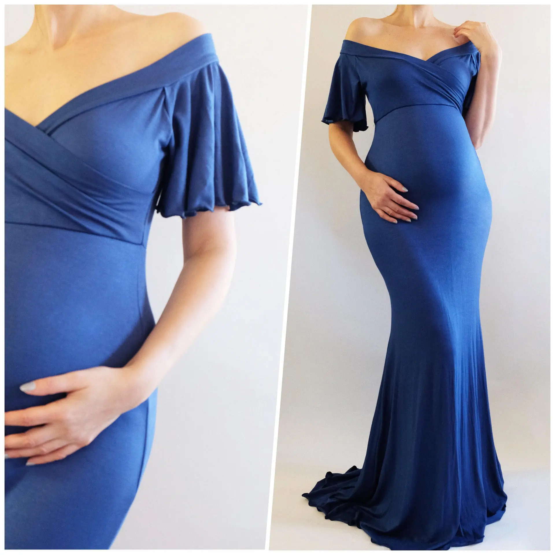 Элегантное приталенное платье макси с открытыми плечами для беременных