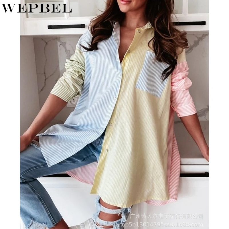WEPBEL Casual Striped Shirt Women's Loose Pockets Shirt Autumn Long Sleeve Single Breasted Turn-down Collar Stitching Shirt
WEPBEL Casual Striped Shirt Women's Loose Pockets Shirt Autumn Long Sleeve Single Breasted Turn-down Collar Stitching Shirt
