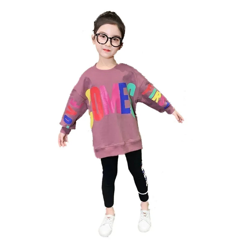 2021 Spring Autumn Girls Clothes Letters T-shirt Tracksuit Loose Hoodie T Shirt + Leggings Stretch Pants 4 5 6 7 8 9 10 12 Years | Детская