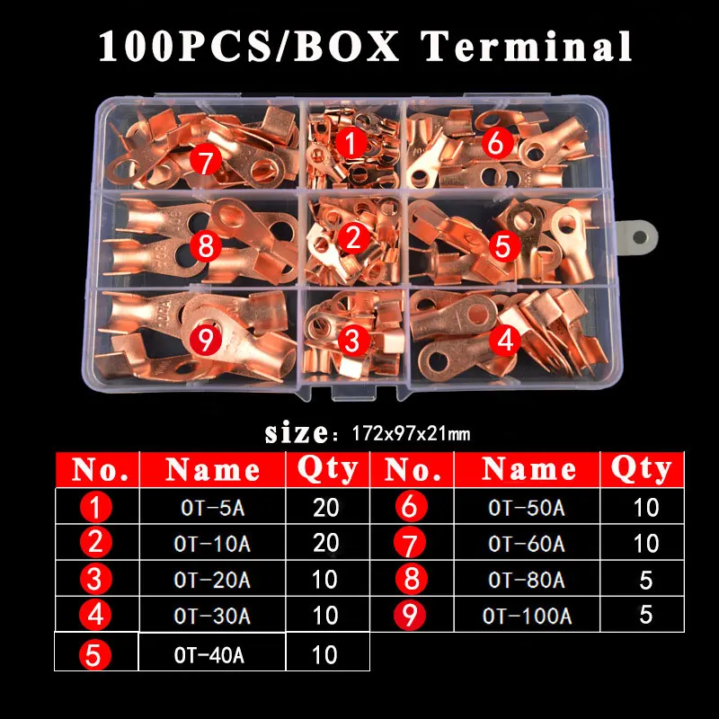 

100pcs OT-10A 20A 30A 40A 50A Dia Red Copper Circular Splice Ring Terminal Wire Naked Battery Cable Connector lugs Terminals