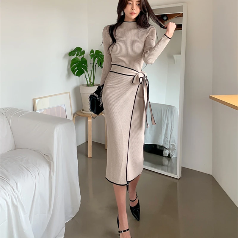 2023 New Autumn Winter Elegant One Piece Korean Dress Ladies Slim Waist Lace-Up Knitted Mid-Length Sweater Dress Women Vestidos
2023 New Autumn Winter Elegant One Piece Korean Dress Ladies Slim Waist Lace-Up Knitted Mid-Length Sweater Dress Women Vestidos