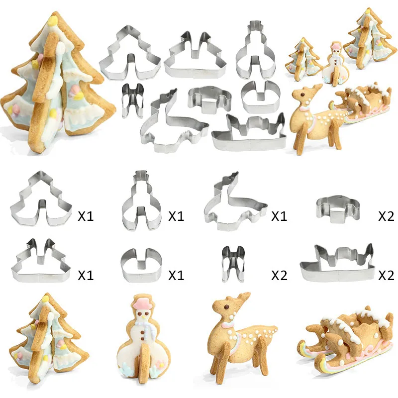 

8pcs/set Christmas Cookie Cutter Stainless Steel 3D Biscuit Mold Elk Xmas Tree Snowman Sled Cutters Mould Kitchen Baking Tools