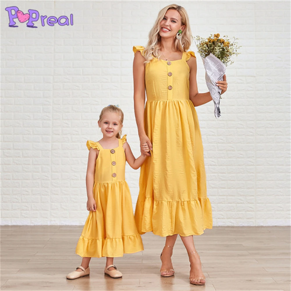 

PopReal Mom And Daughter Dress Fashion Flying Sleeves Buttons Solid Dress Family Matching Outfits Parent-Child Outfit