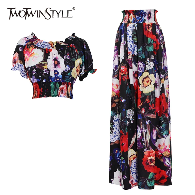 TWOTWINSTYLE Floral Print Two Piece Set Womens Slash Neck Short Sleeve Tops High Waist Long Skirts Colorblock Women Suits 2021
TWOTWINSTYLE Floral Print Two Piece Set Womens Slash Neck Short Sleeve Tops High Waist Long Skirts Colorblock Women Suits 2021