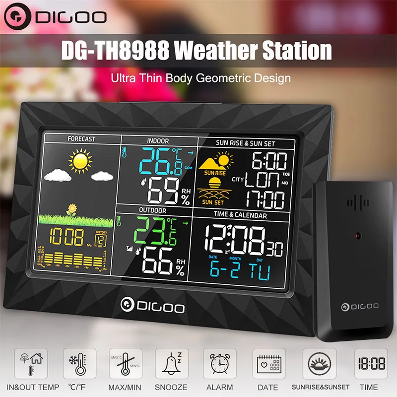 DIGOO DG-TH8988 LCD Color Indoor Outdoor Weather Station + Remote Sensor Thermometer Snooze Clock Sunrise Sunset Display
DIGOO DG-TH8988 LCD Color Indoor Outdoor Weather Station + Remote Sensor Thermometer Snooze Clock Sunrise Sunset Display