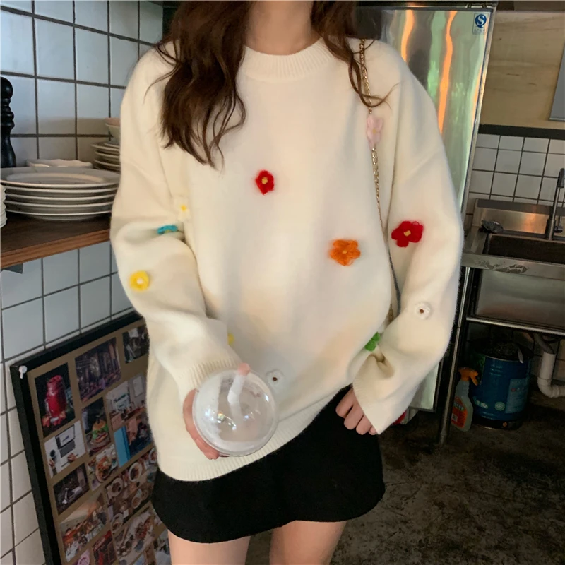Весенне-осенний тонкий корейский Свободный пуловер с вышивкой свитер круглым