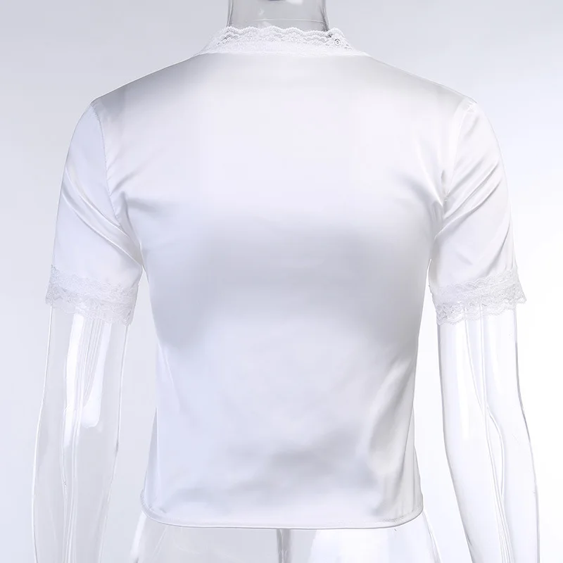 Pure color slim short-sleeved V-neck cardigan T-shirt women's lace lace white short-sleeved T-shirt
Pure color slim short-sleeved V-neck cardigan T-shirt women's lace lace white short-sleeved T-shirt