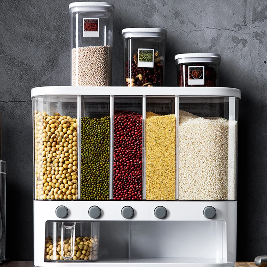 5 Grids Dry Food Dispenser Wall Mounted Separate Rice Bucket Cereal Dispenser Moisture Proof Automatic Racks Food Storage Box
5 Grids Dry Food Dispenser Wall Mounted Separate Rice Bucket Cereal Dispenser Moisture Proof Automatic Racks Food Storage Box