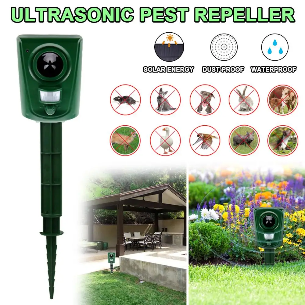 Outdoor Ultrasonic Solar Pest Repeller Animal IPX4 Waterproof PIR Sensor LED Light Anti Mosquito Bird Mouse Keep Animals Away 
Outdoor Ultrasonic Solar Pest Repeller Animal IPX4 Waterproof PIR Sensor LED Light Anti Mosquito Bird Mouse Keep Animals Away
