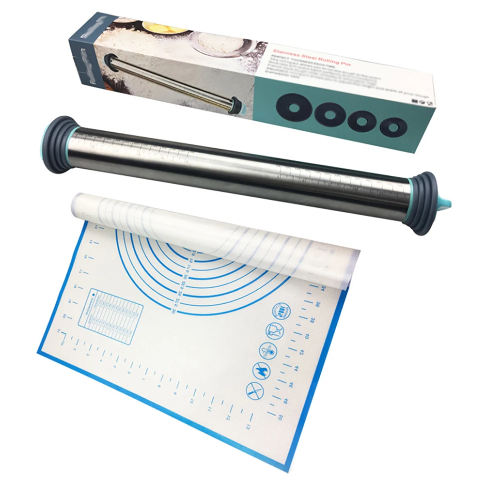 Adjustable Stainless Steel Rolling Pin With Dough Mat Dough Roller with 4 Removable Adjustable Thickness Rings for Home kitchen
Adjustable Stainless Steel Rolling Pin With Dough Mat Dough Roller with 4 Removable Adjustable Thickness Rings for Home kitchen