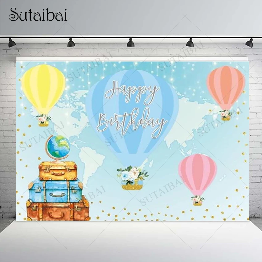 Фон для фотографий День Рождения Вечеринка для будущей матери Путешествия Воздушный шар золотые точки Глобус чемодан Свадьба фотобудка 
Фон для фотографий День Рождения Вечеринка для будущей матери Путешествия Воздушный шар золотые точки Глобус чемодан Свадьба фотобудка