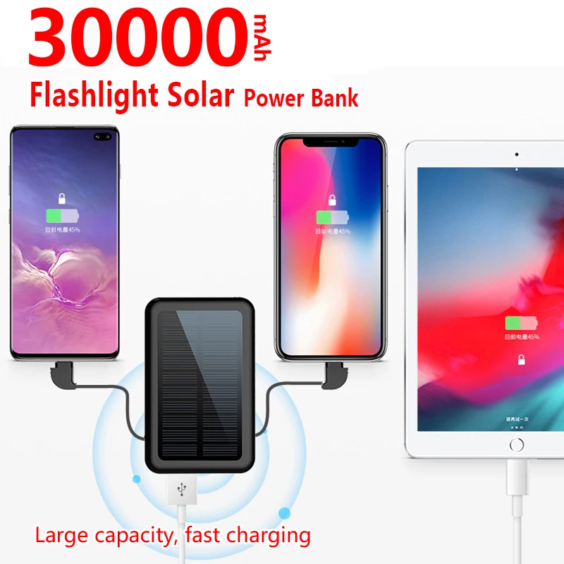 Fast Charger 30000mAh Solar Power Bank Built in Cable LCD Type C Powerbank Portable Charging for Smart Phone | Мобильные телефоны и