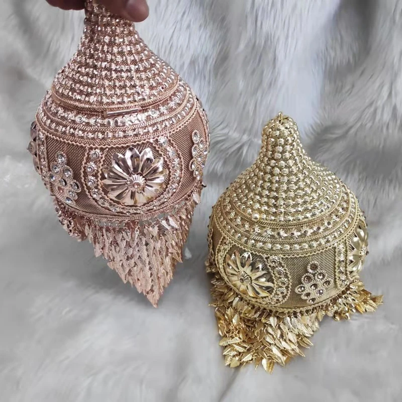 

DOYUTIG Indian Design Diamond Wedding Buckets Women's Hand-Made Metal Clutches Lady Rose Gold Short Tassels Evening Bags J001