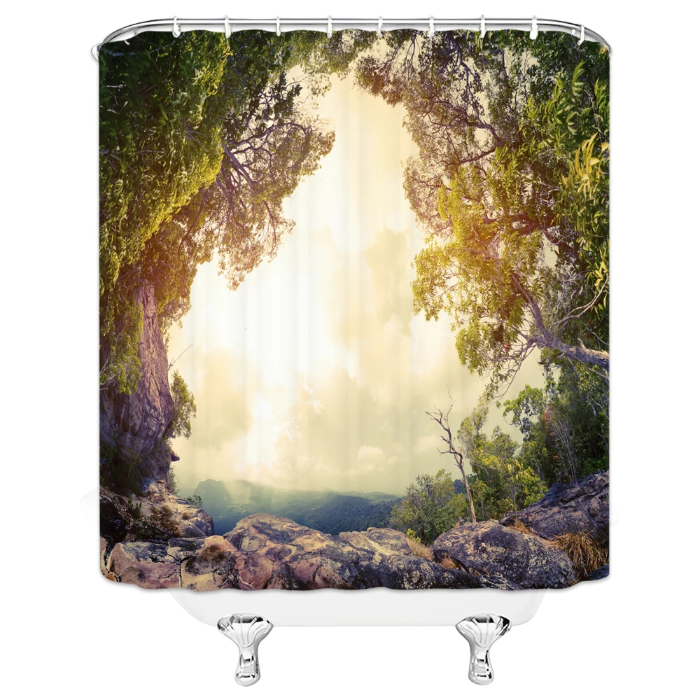 

3d Natural Forest Scenery Bathroom Curtains Shower Curtains Waterproof With Hooks Mountains Rivers Washable Fabric Screen