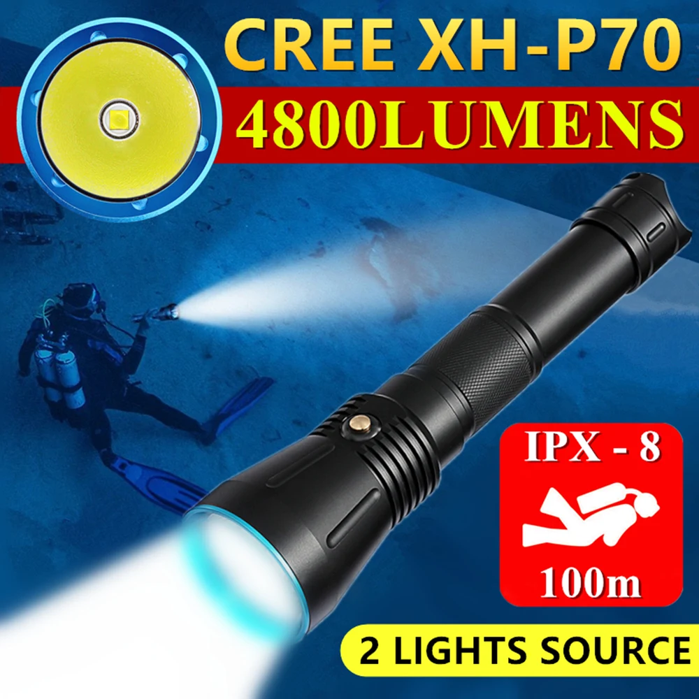 

CREE XHP70 High Power Underwater 100m IPX-8 Waterproof Dive Fill Light Scuba LED Powerful Flashlight Professional Diving Lights