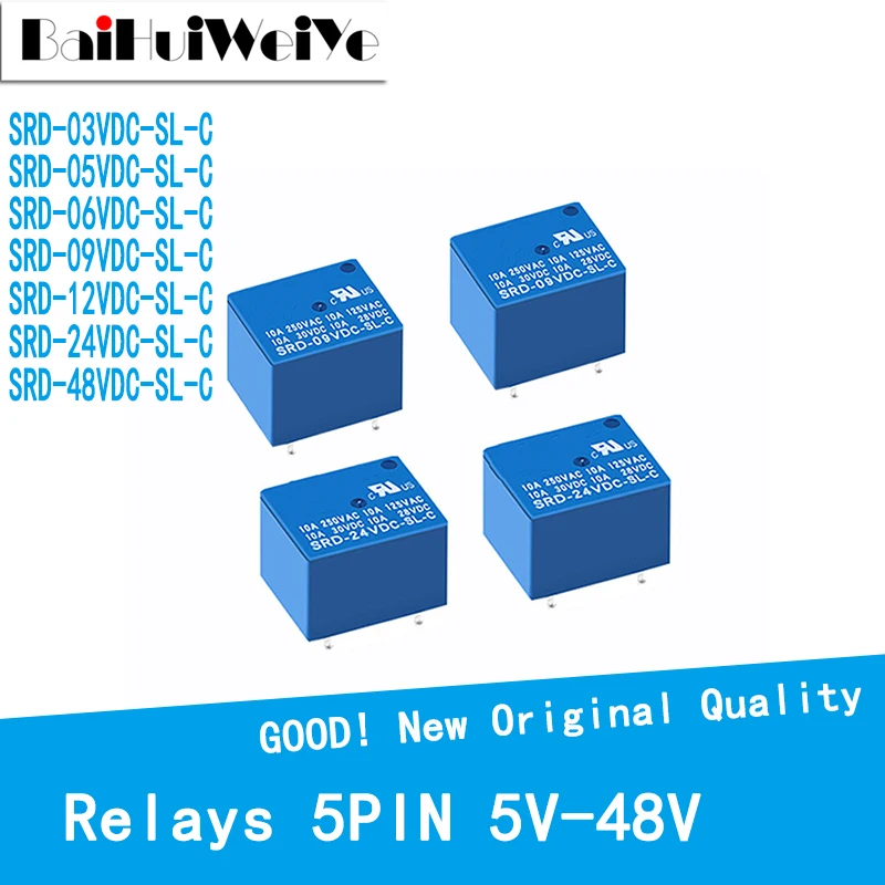 5 шт. реле 5PIN SRD 05VDC SL C 09VDC 12VDC 24VDC 48VDC DC 5V 12V 24V 48V Мощность реле|Электрические контакты