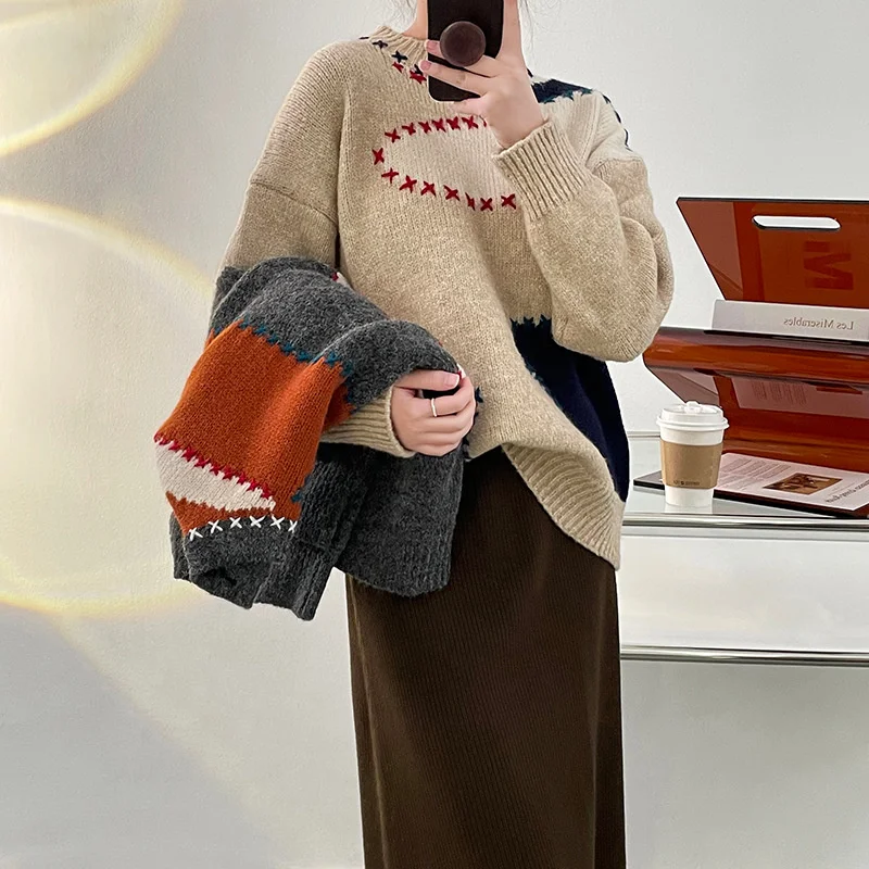 Taochuan sewing patch design sense splicing contrast round neck Pullover Sweater women's 2021 autumn winter Knitted Top mb1177
Taochuan sewing patch design sense splicing contrast round neck Pullover Sweater women's 2021 autumn winter Knitted Top mb1177