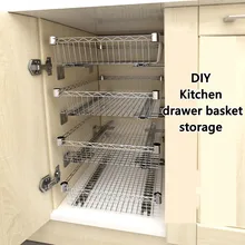 DIY Cupboard Drawer Basket Kitchen Storage Shelf Organizer Sliding Cabinet Basket Pull Out Metal Drawer Type Mesh Basket