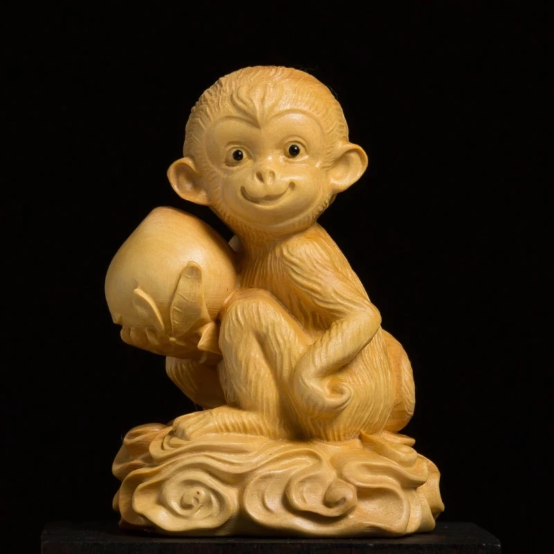 

Boxwood Carving Living Room Decoration Wood Statue Crafts Lovely Zodiac Monkey Holding Peach Animal Sculpture Home Decor